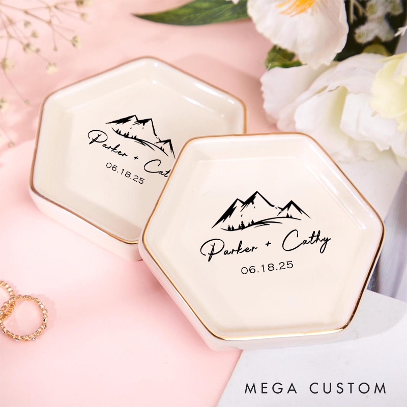 Personalized Bold Mountain Landscape Monogram Wedding Engagement Gold-Trimmed Hexagon Ring Dish