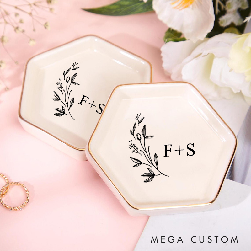 Personalized Wild Flowers and Leaves Wedding Engagement Gold-Trimmed Hexagon Ring Dish