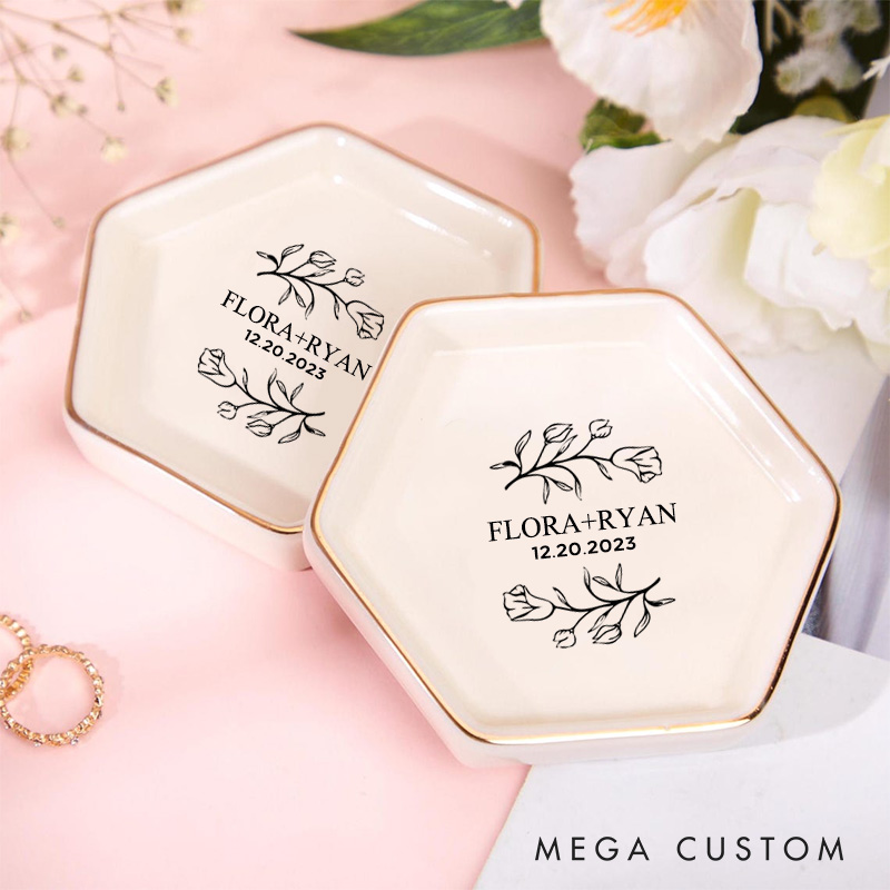 Personalized Elegant Morning Glory Monogram Wedding Engagement Gold-Trimmed Hexagon Ring Dish