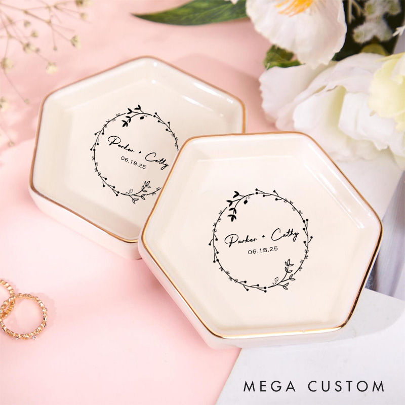 Personalized Floral Wreath with Small Leaves and Buds Wedding Engagement Gold-Trimmed Hexagon Ring Dish