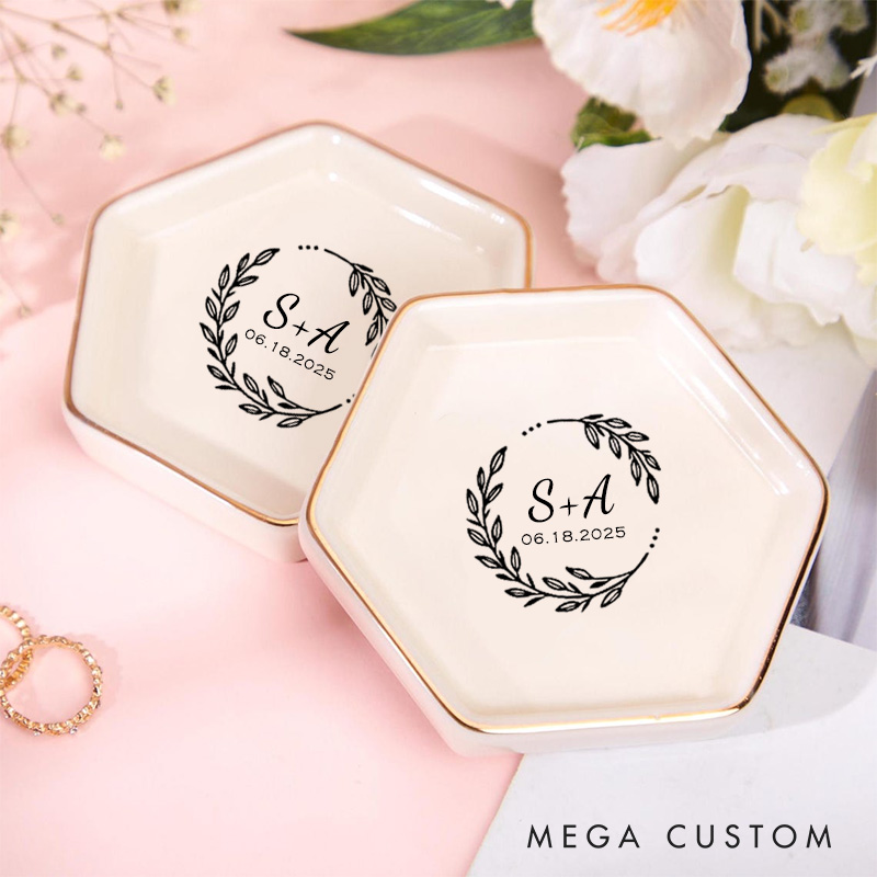 Personalized Leafy Wreath Monogram Wedding Engagement Gold-Trimmed Hexagon Ring Dish