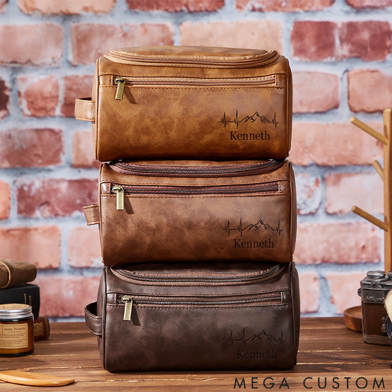 Personalized Leather Toiletry Bag Custom Names Dopp Kit Gift for Outdoors Hiking Camping Travel Lover