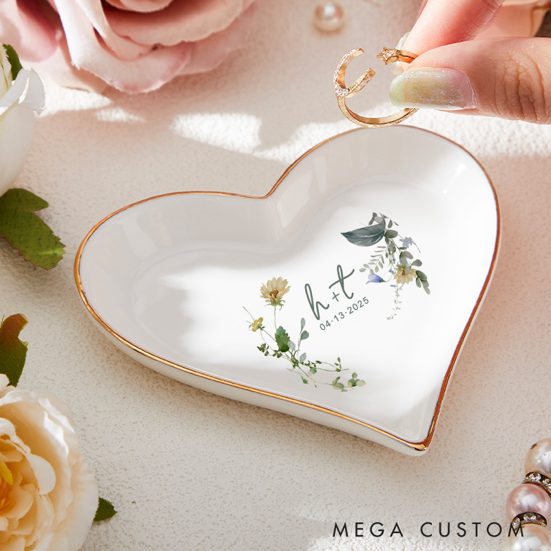 Personalized Delicate Watercolor Floral and Leaves Wedding Engagement Gold-Trimmed Ring Dishes