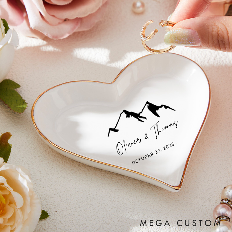 Personalized Minimalist Mountain Range Wedding Engagement Gold-Trimmed Ring Dishes