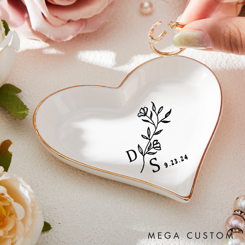 Personalized Minimalist Wild Flower with Initials Wedding Engagement Gold-Trimmed Ring Dishes