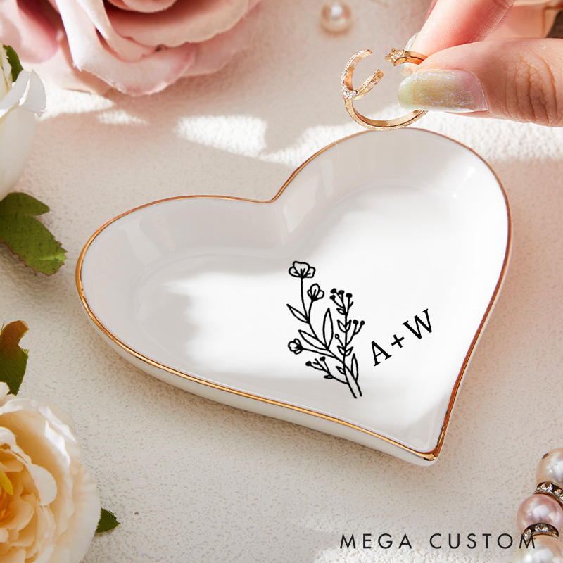 Personalized Wild Flower with Initials Wedding Engagement Gold-Trimmed Ring Dishes