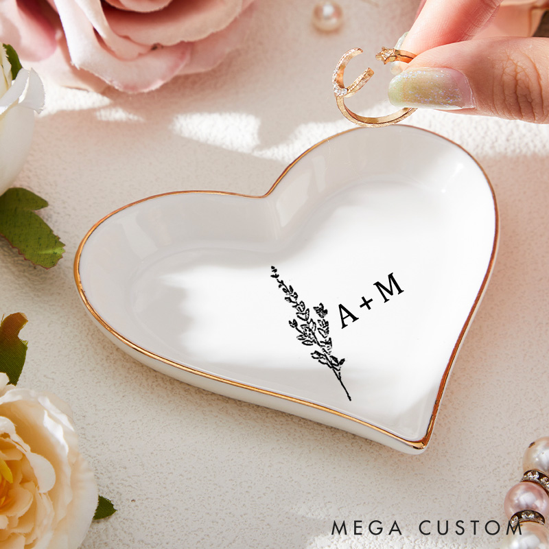 Personalized Minimalist Lavender Floral Wedding Engagement Gold-Trimmed Ring Dishes