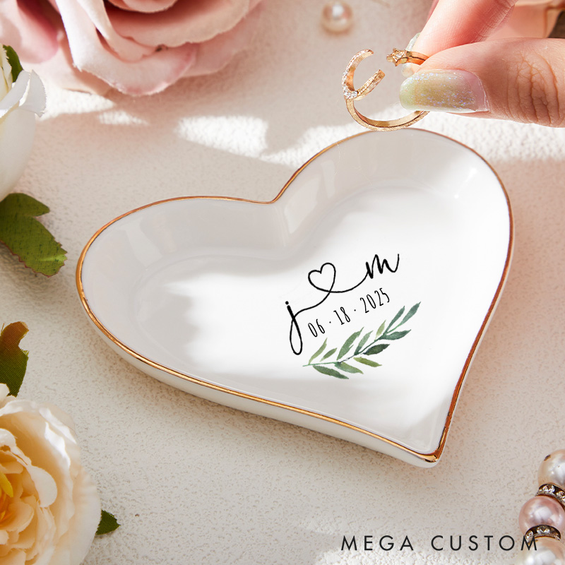 Personalized Romantic Watercolor Foliage Initials with Heart Gold-Trimmed Ring Dishes