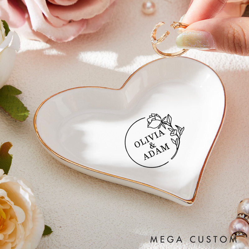 Personalized Elegant Circular Frame Rose Wedding Engagement Gold-Trimmed Ring Dishes