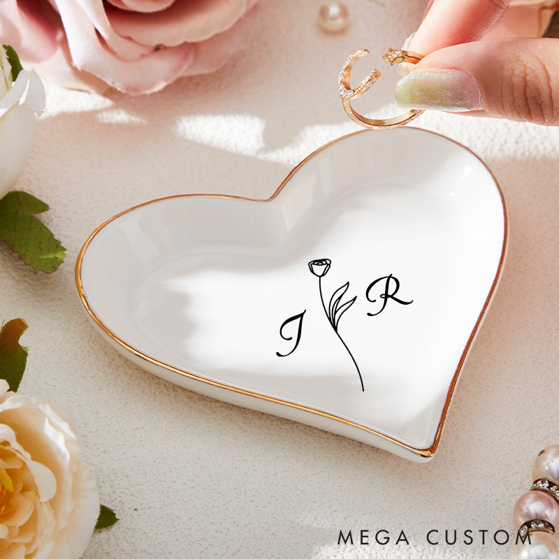 Personalized Minimalist Floral Monogram Wedding Engagement Gold-Trimmed Ring Dishes