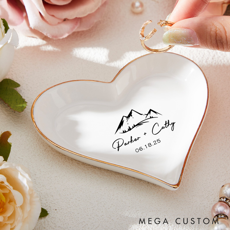 Personalized Bold Mountain Landscape Monogram Wedding Engagement Gold-Trimmed Ring Dishes