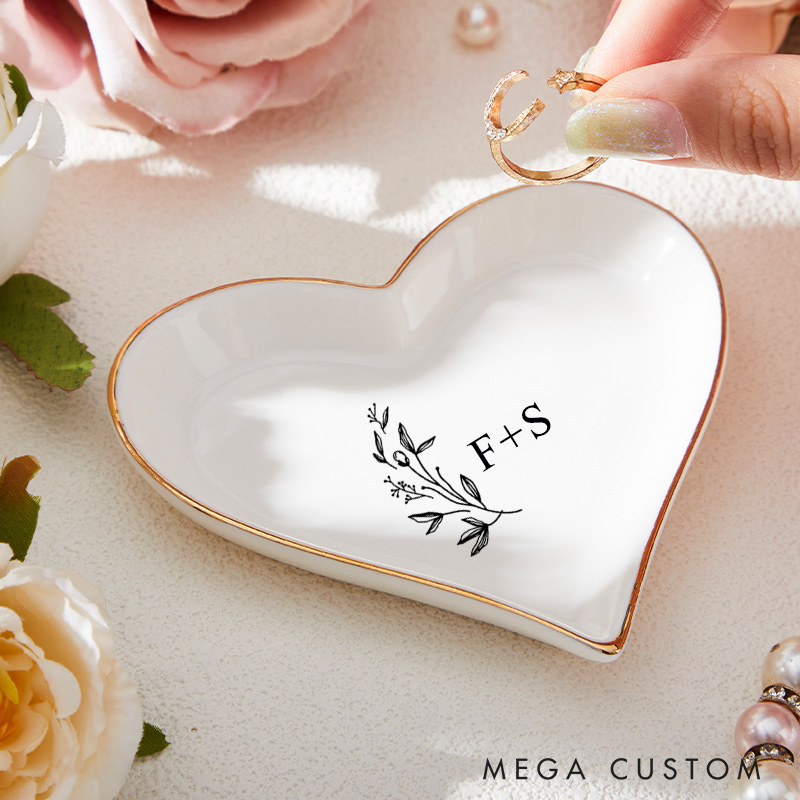 Personalized Wild Flowers and Leaves Wedding Engagement Gold-Trimmed Ring Dishes
