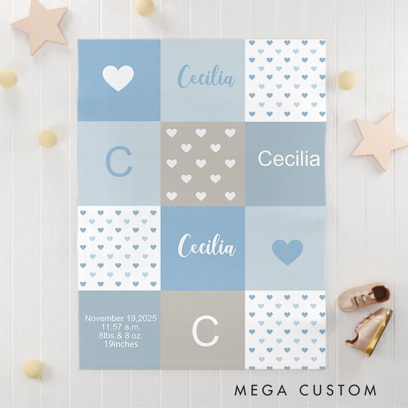 Personalized Baby Name Blanket - Soft Pastel Patchwork Design with Birth Details Baby  Keepsake