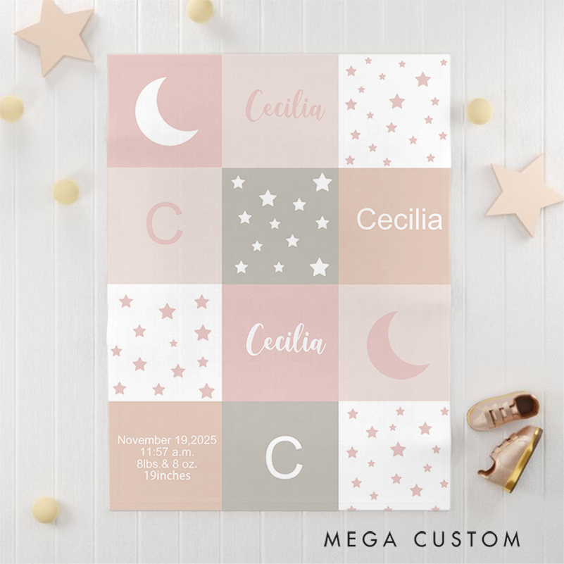 Personalized Baby Name Blanket - Soft Pastel Patchwork Design With Birth Details Moon And Stars Pattern Baby Keepsake