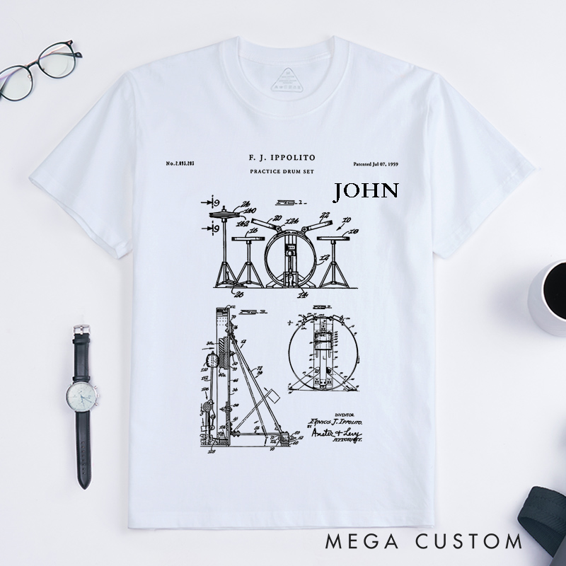 Personalized Drum Set Patent Blueprint Classic T-Shirts Unique Musician Gift for Drummers Custom Name Music Lover Unisex Perfect for Birthday