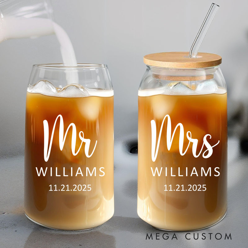 Personalized Mr and Mrs Anniversary Glass Cup Couple Water Bottle with Name Couple Glass Coffee Cup for Anniversary