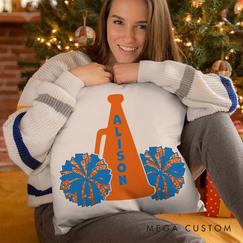 Personalized Megaphone and Pom Poms Cheerleader Throw Pillow with Custom Name