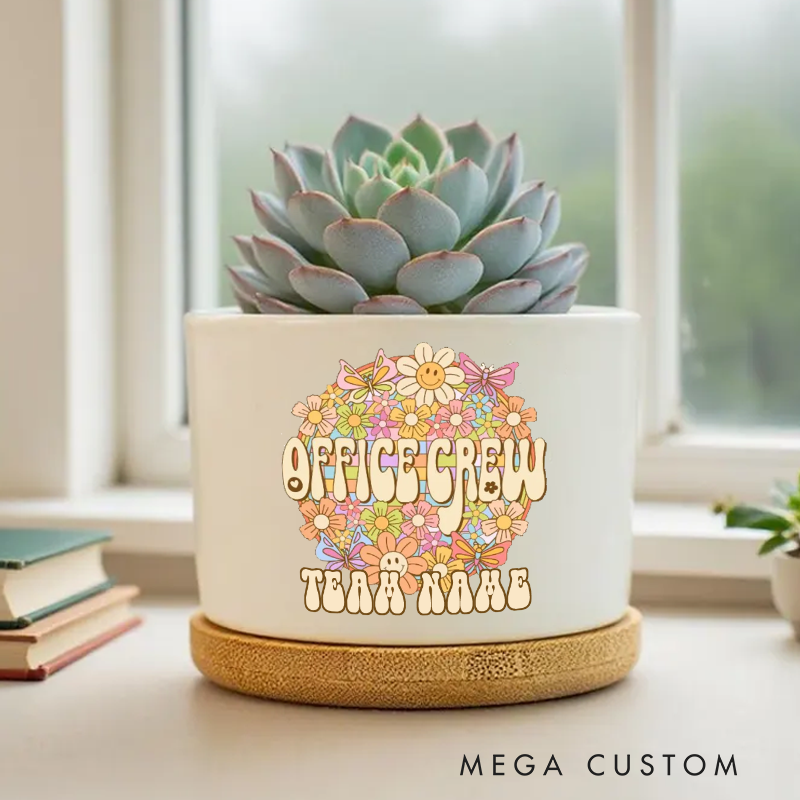 Personalized Office Crew Team Name Planter with Retro Floral Design Gift for Office Worker Coworker