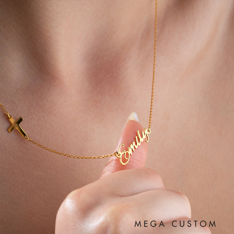 Personalized Sideway Cross and Name Pendant Necklace for Women Religious Jewelry Christening Baptism Gift for Women Christian Christmas Gift for Her