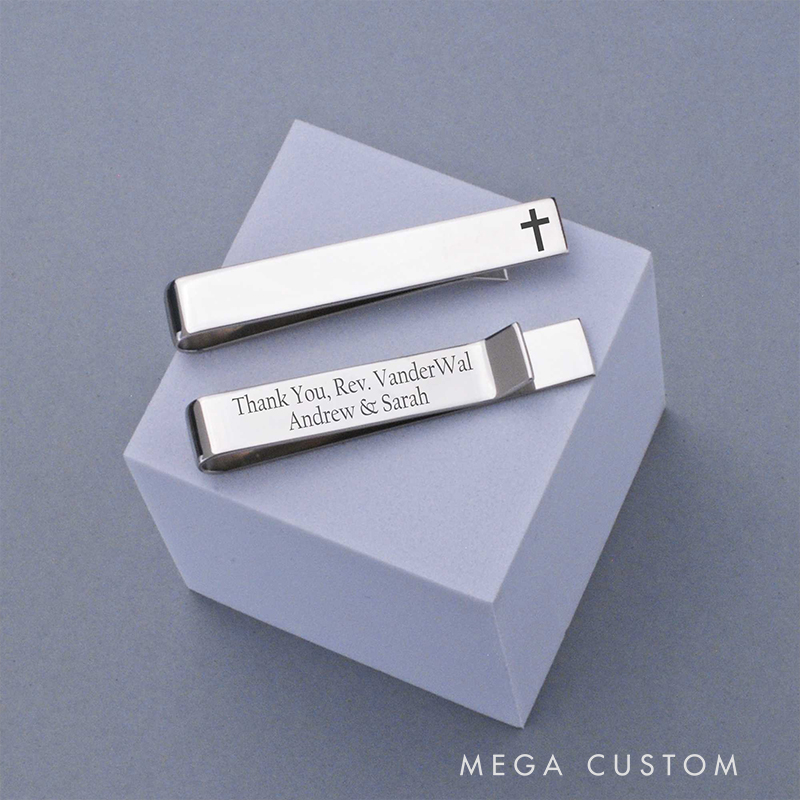 Personalized Name and Date Cross Tie Clip for Pastor Religious Tie Bar Gift for Priest Engraved Officiant Gift for Christian Wedding Confirmation Gift