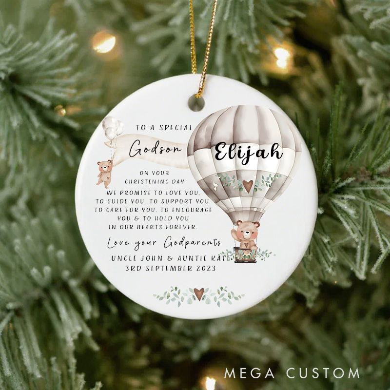 Personalised Brown Teddy Bear Balloon Ceramic Ornament Keepsake Promise to Godchild Christening Baptism Gift for Kids Christians