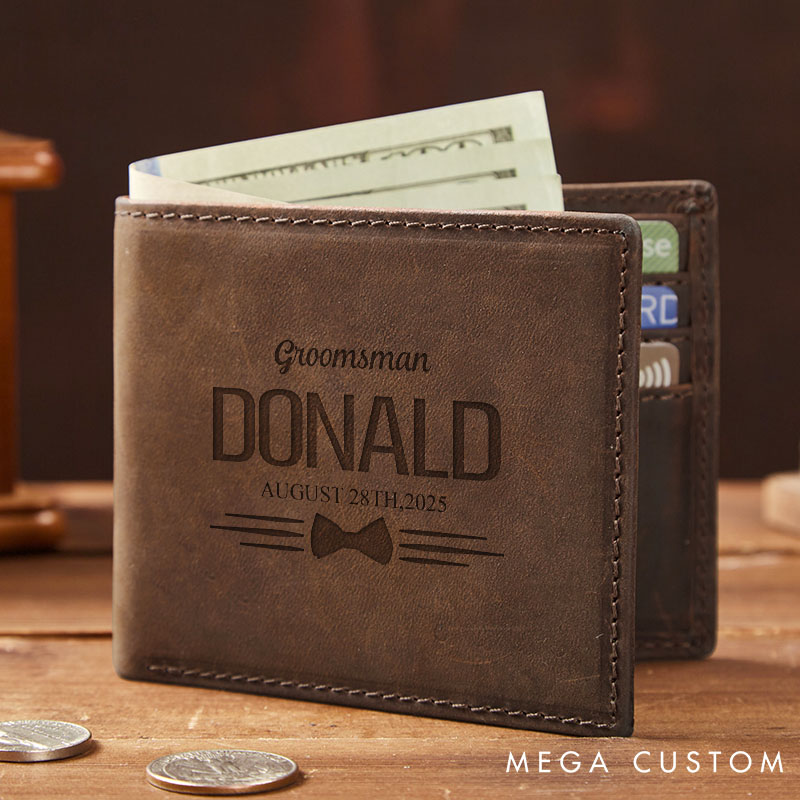 Personalized Leather Mens Wallet Groom Husband Anniversary Gift