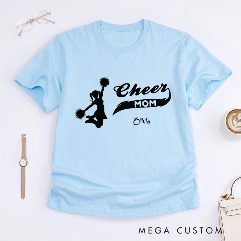 Personalized Cheer Mom T-Shirt Custom Name Cheerleader Gift Supportive Team Spirit Apparel for Proud Mothers of Cheerleaders Unique Present
