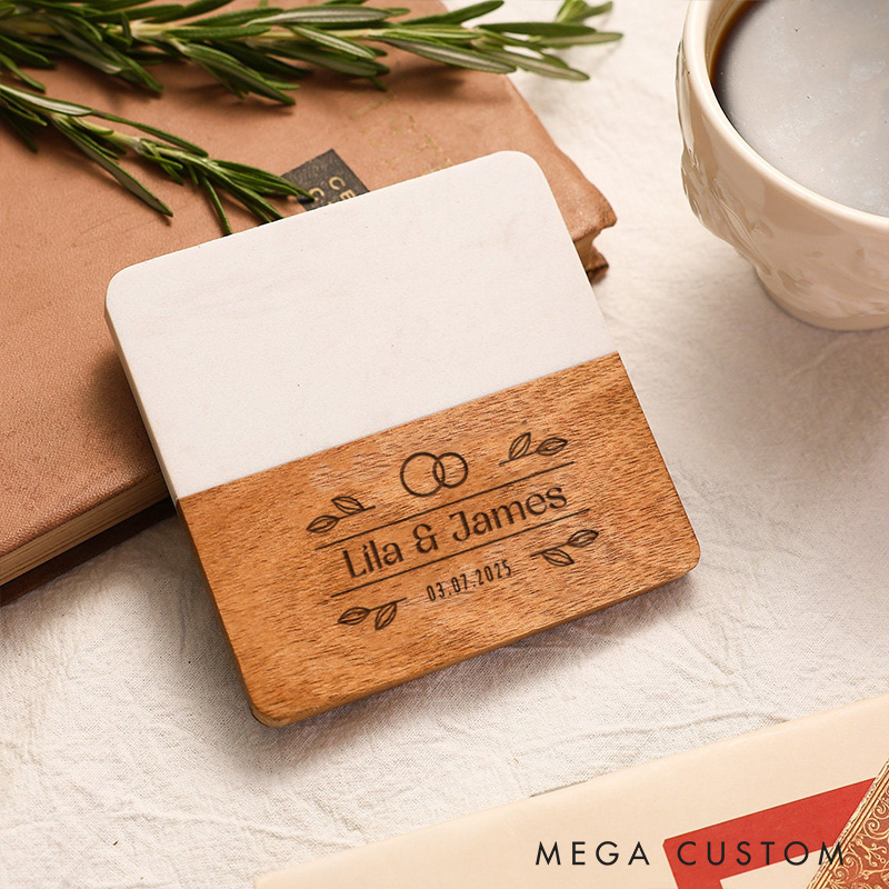 Personalized Rings and Leaves Wedding Couple Marble Wooden Coaster