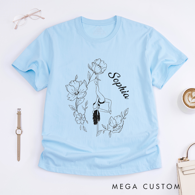 Personalized Pole Dance Flower Art T-Shirt Custom Name Gift Aesthetic Floral Design Unique Present for Women Friends Dancer Birthday
