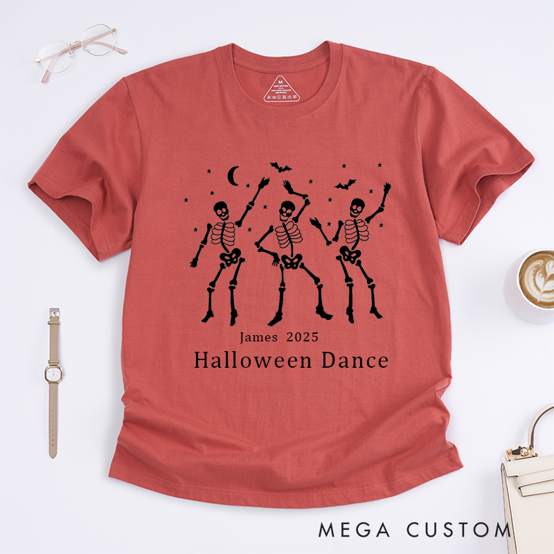 Personalized Skeleton Dance T-Shirt Custom Name Year Unisex Party Gift Spooky Dancing for Men Women Kids Halloween Event