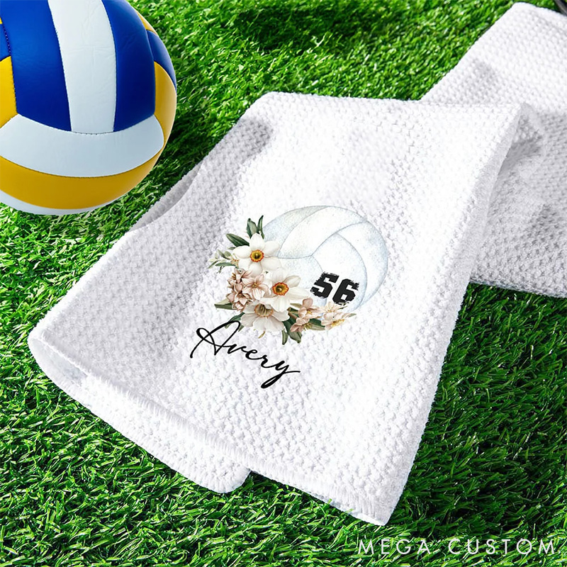 Personalized Birth Flower Volleyball Towel with Custom Name for Volleyball Lovers