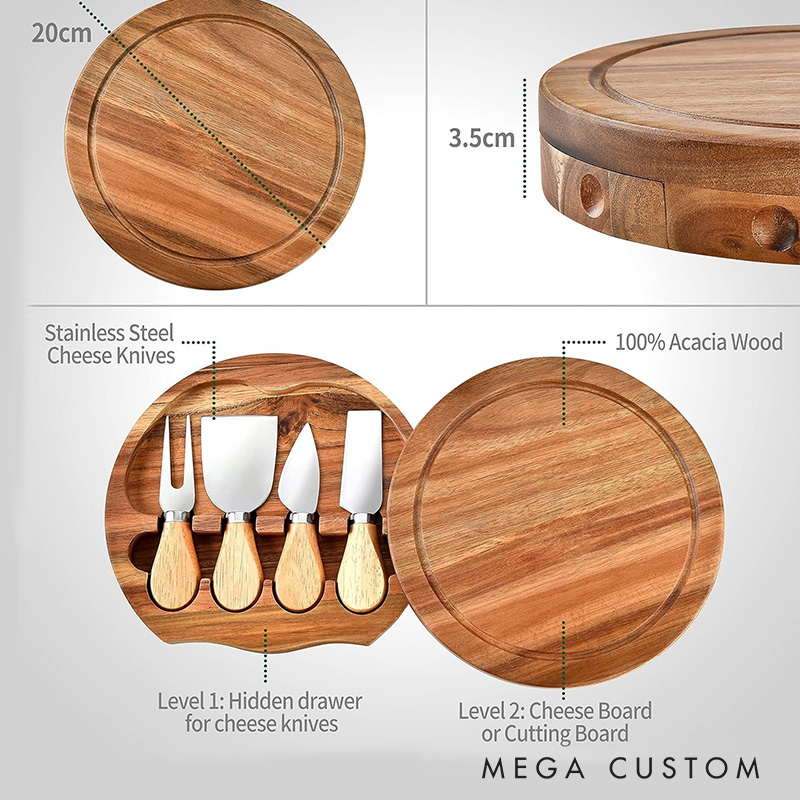 Personalised Interlocking Rings and Crown Round Wood Cheese Hinge Board & Knife Travel Set