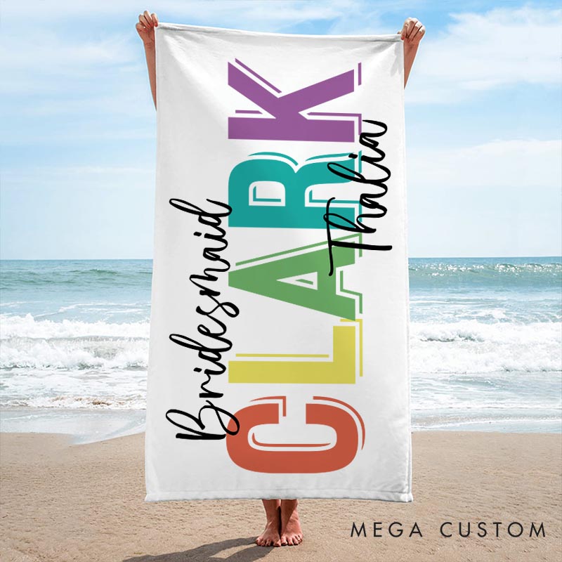 Personalized Bridesmaid Colorful Beach Towel Bride Name Beach Towel Bachelorette Party Gift