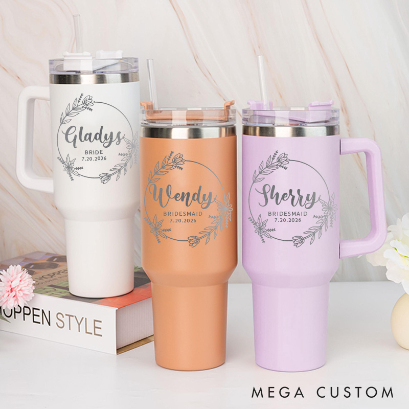 Personalized Bridesmaid Floral Wreath Tumbler with Handle 40oz Bride Tumbler with Lid and Straw