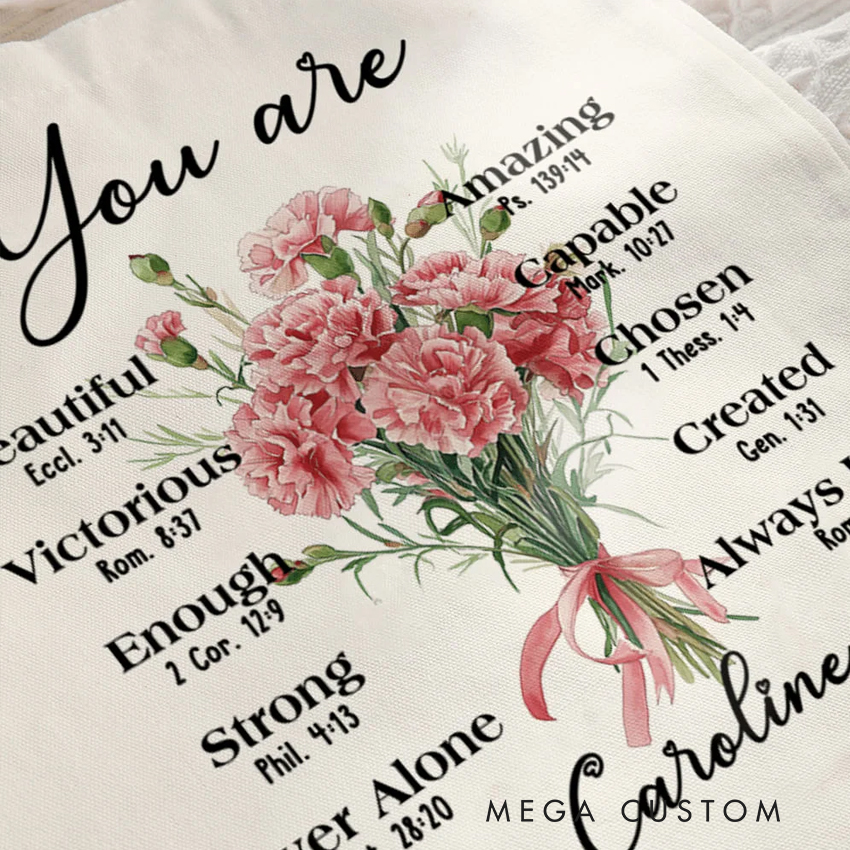 Personalized Birth Flower Bouquet Bible Verse Canvas Tote Bag with Name Inspirational Christmas Birthday Christian Gift for Women