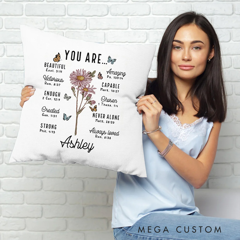 Personalized You Are Bible Verse Birth Flower Throw Pillow with Custom Name Christian Home Decor Birthday Gift for Women and Girls
