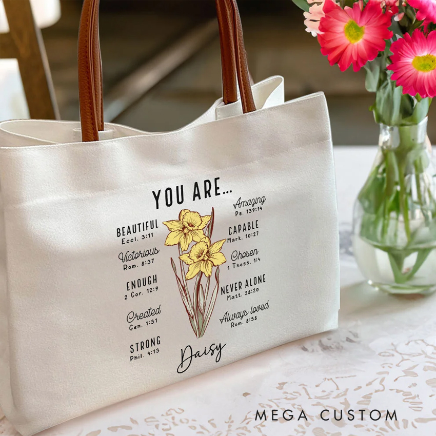 Personalized Birth Flower Bible Verse Canvas Tote Bag with Name and Leather Handle Travel Accessories Baptism Birthday Gift for Women Christians