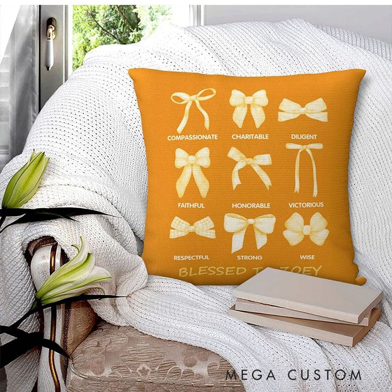 Personalized Coquette Bow Charitable Blessed Words of Bible Throw Pillow with Name Christian Pillow Faith Based Gift for Christians