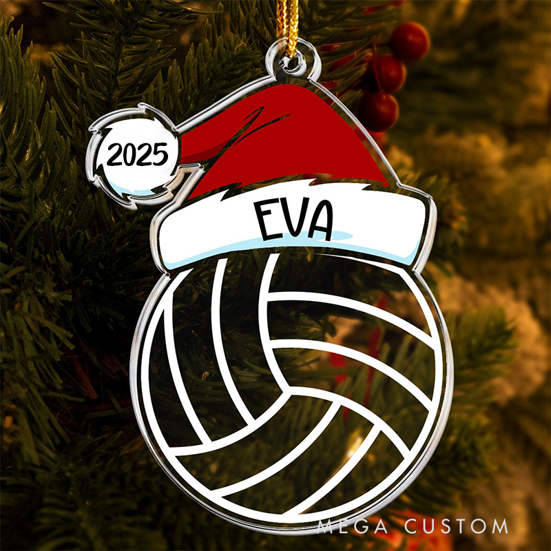 Personalized Sports-Themed Ornament with Santa Hat Design and Custom Name and Year  