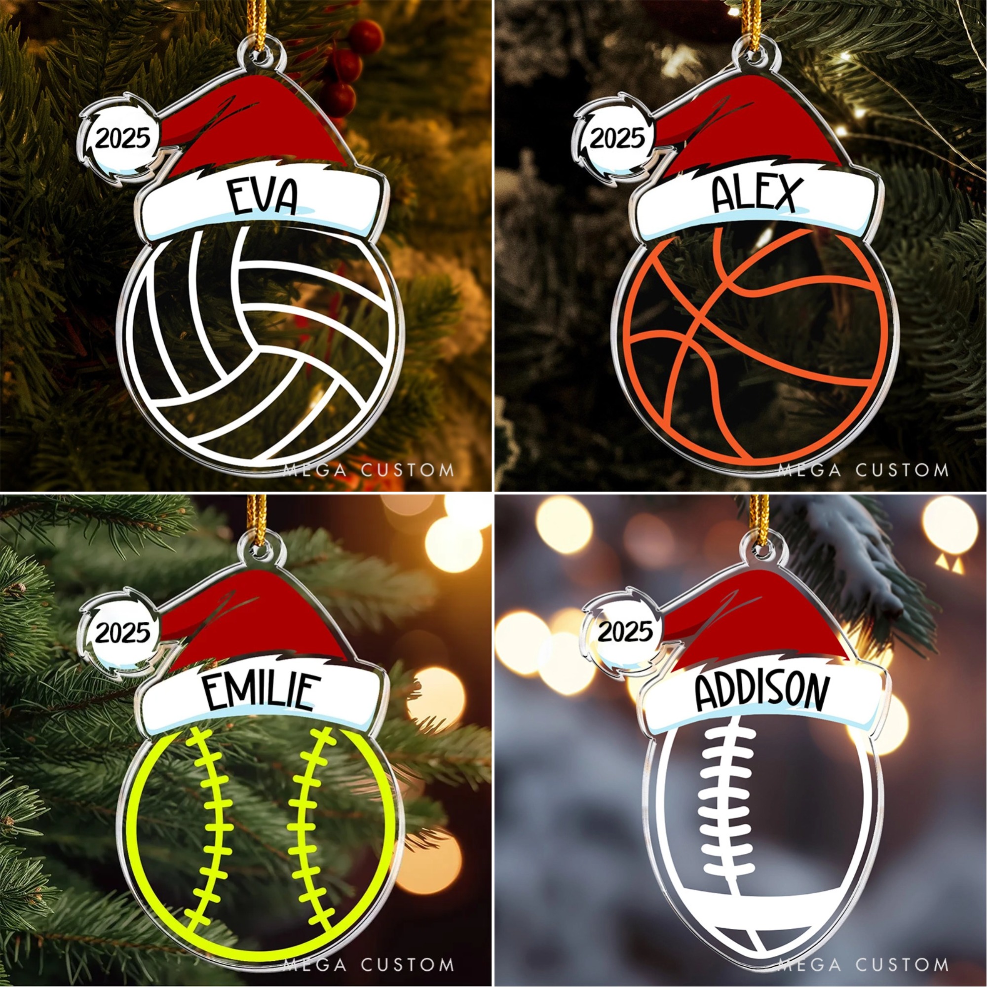 Personalized Sports Themed Ornament with Santa Hat Design and Custom Name and Year  