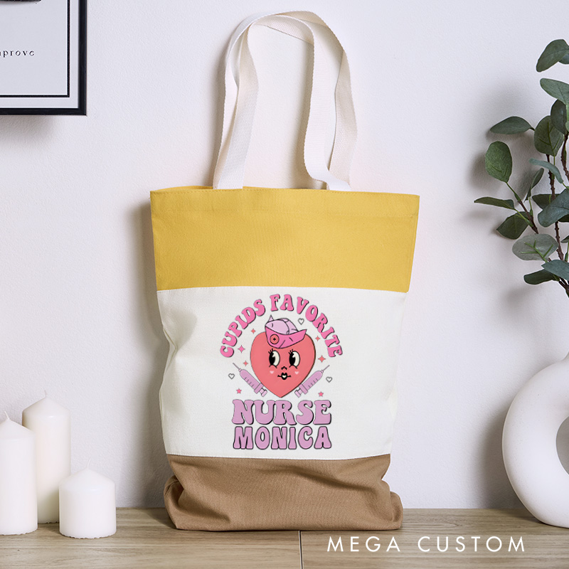Personalized Nurse Tri Color Canvas Tote Bag Custom Cupid's Favorite Nurse Design Tote Bag Nurse Application Week Gift