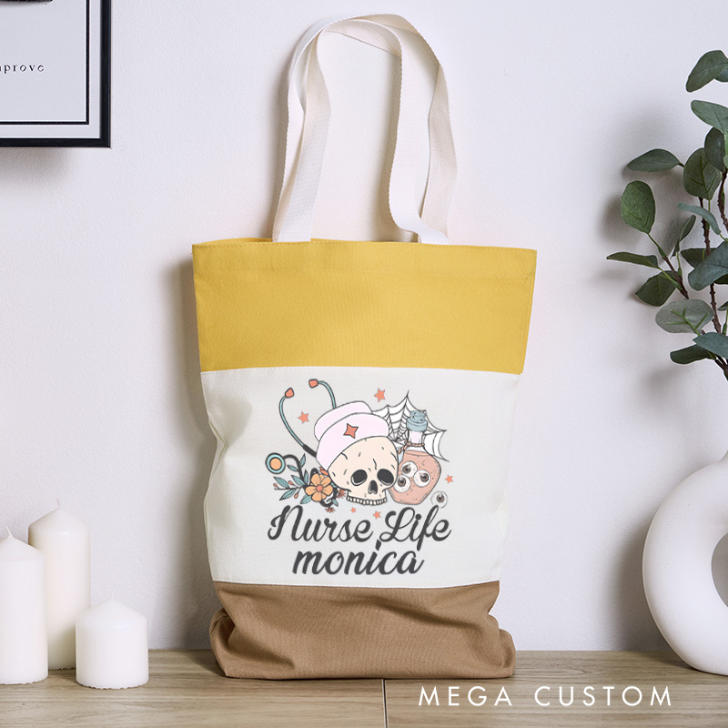 Personalized Nurse Tri Color Canvas Tote Bag Custom Nurse Life Design Tote Bag Nurse Application Week Gift