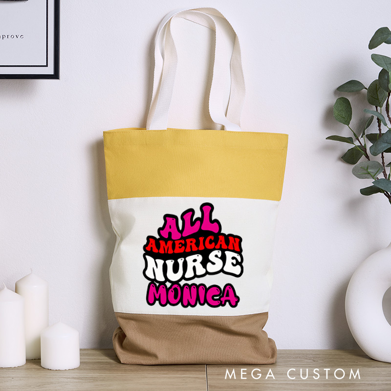 Personalized Nurse Tri Color Canvas Tote Bag Custom All American Nurse Design Tote Bag Nurse Application Week Gift