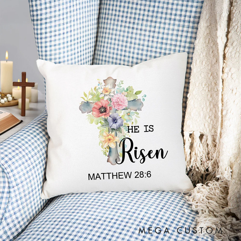 Personalized He Is Risen Bible Verse Birth Flowers Soft Throw Pillow Home Decor Religious Pillow Birthday Gift Easter Gift for Women Christians