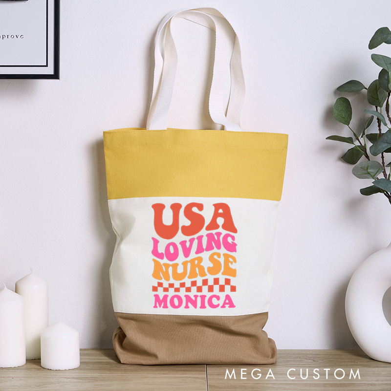 Personalized Nurse Tri Color Canvas Tote Bag Custom USA Loving Nurse Design Tote Bag Nurse Application Week Gift
