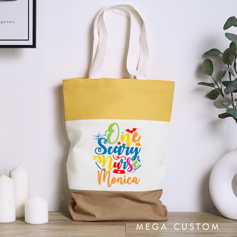 Personalized Nurse Tri Color Canvas Tote Bag Custom One Scary Nurse Design Tote Bag Nurse Application Week Gift