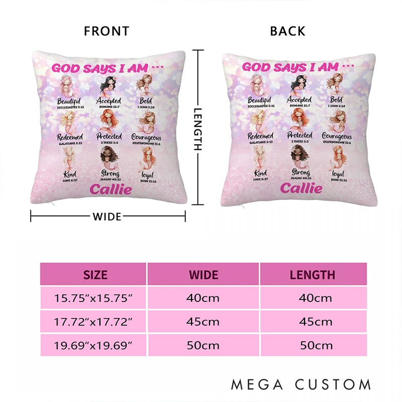 Personalized God Says I Am Colorful Mermaid Throw Pillow with Name and Bible Verse Home Decor Birthday Gift for Girls