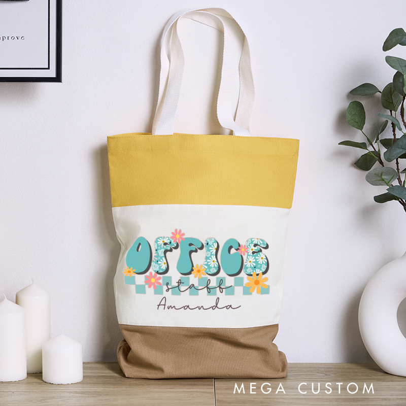 Personalized Office Staff Color Canvas Tote Bag Floral Typography Design Appreciation Gift for Coworker or Employee