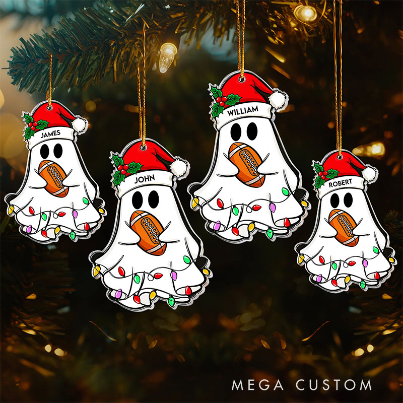 Personalized Ghost Football Ornament with Custom Name and Festive Lights 