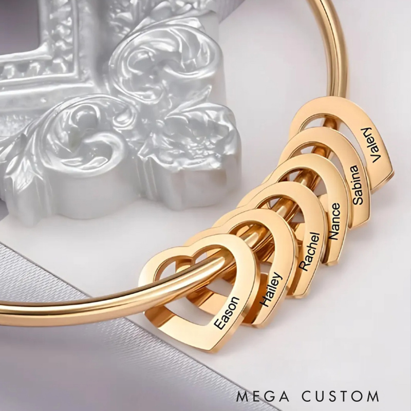 Personalized Bangle Bracelet Engraved Hearts Charms Pendants Heart Shape Bracelet Minimalist Jewelry for Her